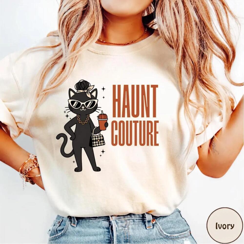 Haunt Couture Shirt, Black Cat Halloween Tee, Girly Halloween Shirt